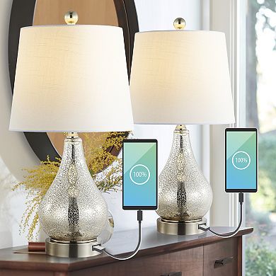 Dino Farmhouse Industrial Iron/glass Led Table Lamp With Usb Charging Port (set Of 2)