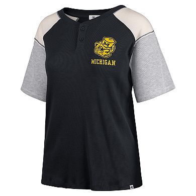 Women's '47 Black Michigan Wolverines Underline Harvey Colorblock Raglan Henley T-Shirt