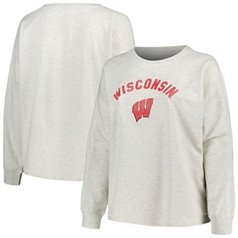 Women's Profile Oatmeal Wisconsin Badgers Distressed Arch Over Logo Neutral Boxy Pullover Sweatshirt