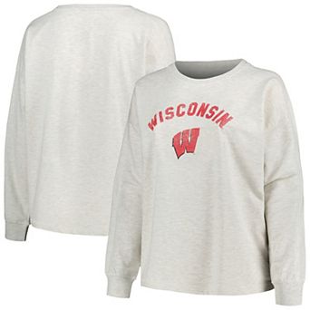 Women's Profile Oatmeal Wisconsin Badgers Distressed Arch Over Logo Neutral Boxy Pullover Sweatshirt