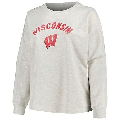Women's Profile Oatmeal Wisconsin Badgers Distressed Arch Over Logo Neutral Boxy Pullover Sweatshirt
