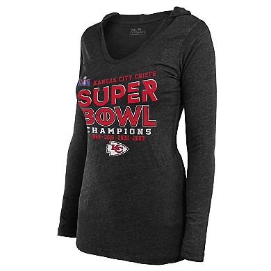 Women's Majestic Threads  Black Kansas City Chiefs Super Bowl LVIII Champions Loudmouth Tri-Blend V-Neck Long Sleeve Hoodie T-Shirt