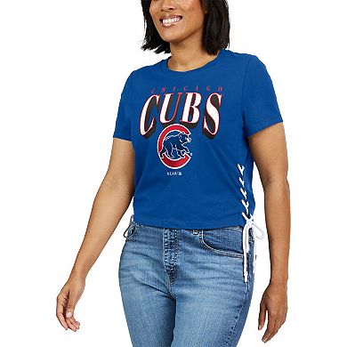 Women's WEAR by Erin Andrews Royal Chicago Cubs Side Lace-Up Cropped T-Shirt