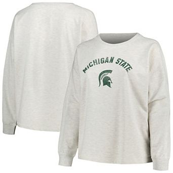 Women's Profile Oatmeal Michigan State Spartans Plus Size Distressed Arch Over Logo Neutral Boxy Pullover Sweatshirt