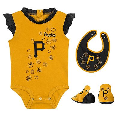 Girls Newborn & Infant Fanatics Branded Gold Pittsburgh Pirates Happy Baseball Bodysuit, Bib & Bootie Set