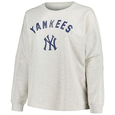 Women's Profile Oatmeal New York Yankees Plus Size French Terry Crewneck Pullover Sweatshirt