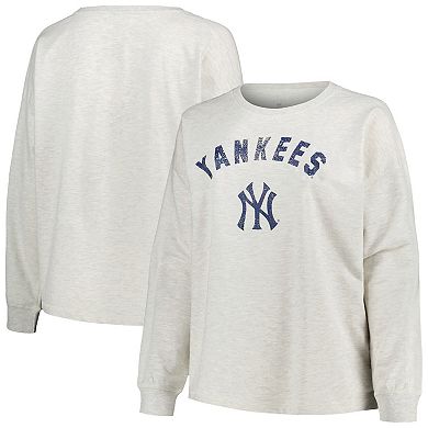Women's Profile Oatmeal New York Yankees Plus Size French Terry Crewneck Pullover Sweatshirt
