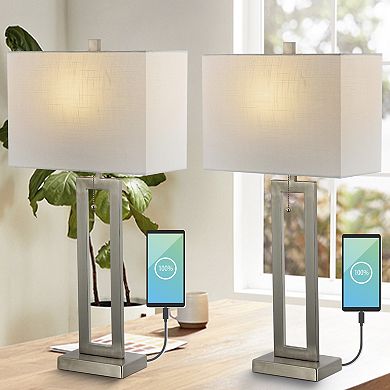 Sabrina Vintage Industrial Iron Led Table Lamp With Pull Chain And Usb Charging Port (set Of 2)