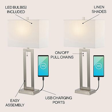 Sabrina Vintage Industrial Iron Led Table Lamp With Pull Chain And Usb Charging Port (set Of 2)
