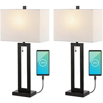 Sabrina Vintage Industrial Iron Led Table Lamp With Pull Chain And Usb Charging Port (set Of 2)