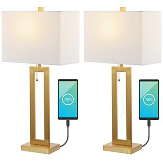 Sabrina Vintage Industrial Iron Led Table Lamp With Pull Chain And Usb Charging Port (set Of 2)