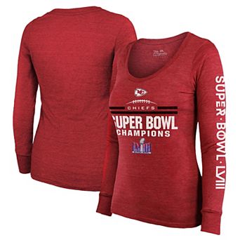 Women's Majestic Threads Red Kansas City Chiefs Super Bowl LVIII Champions Goal Line Stand Scoop Neck Tri-Blend Light Weight Long Sleeve T-Shirt