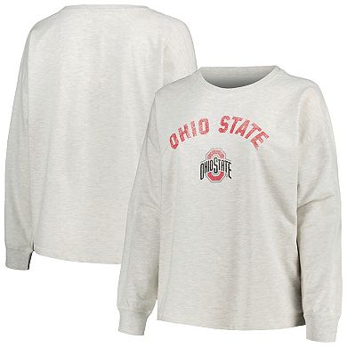 Women's Profile Oatmeal Ohio State Buckeyes Distressed Arch Over Logo Neutral Boxy Pullover Sweatshirt