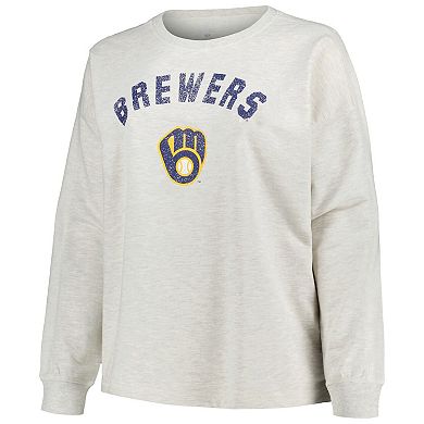 Women's Profile Oatmeal Milwaukee Brewers Plus Size French Terry Crewneck Pullover Sweatshirt
