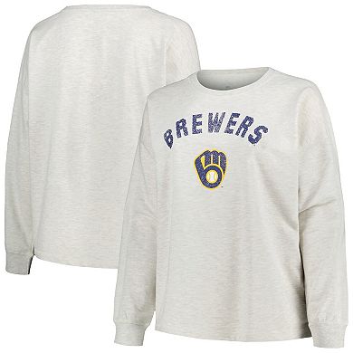 Women's Profile Oatmeal Milwaukee Brewers Plus Size French Terry Crewneck Pullover Sweatshirt