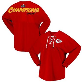 Women's Fanatics Branded Red Kansas City Chiefs Super Bowl LVIII Champions Lace-Up Long Sleeve Jersey T-Shirt