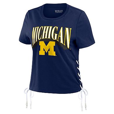 Women's WEAR by Erin Andrews Navy Michigan Wolverines Side Lace-Up Modest Crop T-Shirt