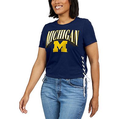 Women's WEAR by Erin Andrews Navy Michigan Wolverines Side Lace-Up Modest Crop T-Shirt