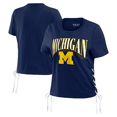 Women's WEAR by Erin Andrews Navy Michigan Wolverines Side Lace-Up Modest Crop T-Shirt