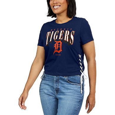 Women's WEAR by Erin Andrews Navy Detroit Tigers Side Lace-Up Cropped T-Shirt