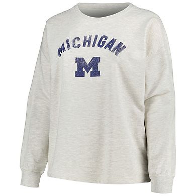 Women's Profile Oatmeal Michigan Wolverines Plus Size Distressed Arch Over Logo Neutral Boxy Pullover Sweatshirt