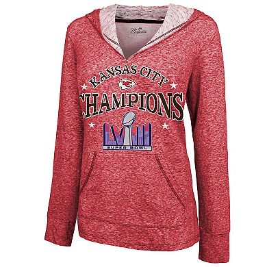 Women's Majestic Threads  Red Kansas City Chiefs Super Bowl LVIII Champions Oversized Dunk Slub Pullover V-Neck Hoodie