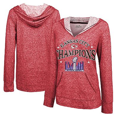 Women's Majestic Threads  Red Kansas City Chiefs Super Bowl LVIII Champions Oversized Dunk Slub Pullover V-Neck Hoodie