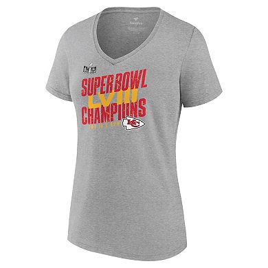 Women's Fanatics Branded  Heather Gray Kansas City Chiefs Super Bowl LVIII Champions Iconic Victory V-Neck T-Shirt