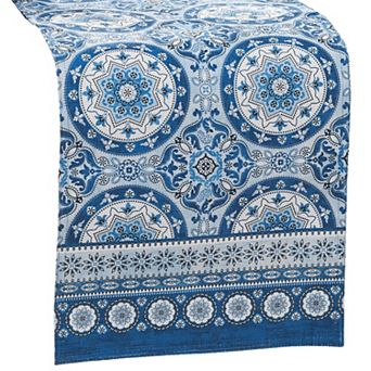 Vietri Medallion Blue Block Print Stain & Water Resistant Indoor/Outdoor Table Runner, 13"x70"