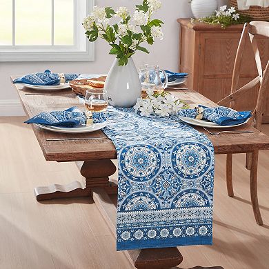 Vietri Medallion Blue Block Print Stain & Water Resistant Indoor/Outdoor Table Runner, 13"x70"