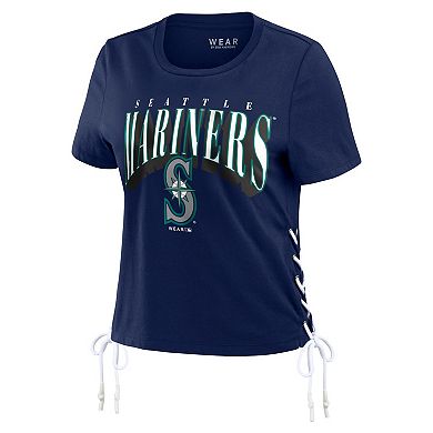 Women's WEAR by Erin Andrews Navy Seattle Mariners Side Lace-Up Cropped T-Shirt