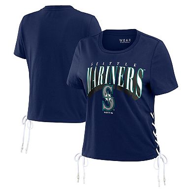 Women's WEAR by Erin Andrews Navy Seattle Mariners Side Lace-Up Cropped T-Shirt