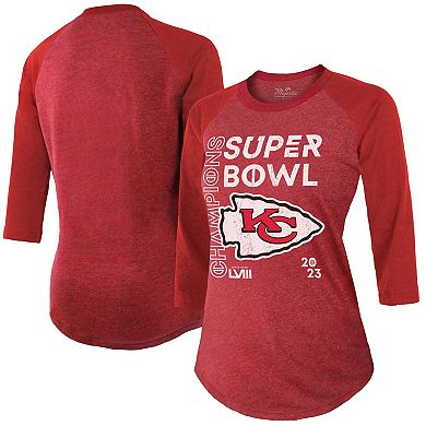Women's Majestic Threads  Red Kansas City Chiefs Super Bowl LVIII Champions Whooperup Tri-Blend 3/4-Sleeve Raglan T-Shirt