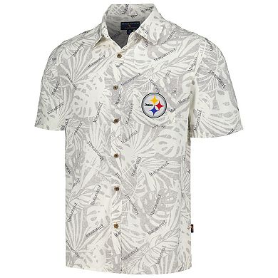 Men's Margaritaville Cream Pittsburgh Steelers Sand Washed Monstera Print Party Button-Up Shirt