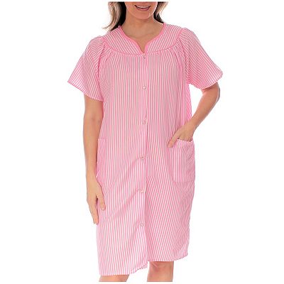 Women s Stipe Short Sleeve Woven Snap front Closure Housecoat Lounger