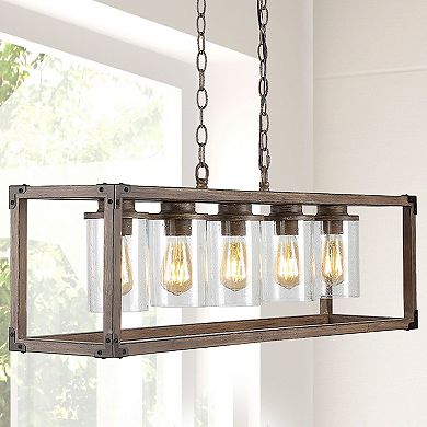 Zeniba Linear Adjustable Iron/seeded Glass Rustic Farmhouse Led Pendant