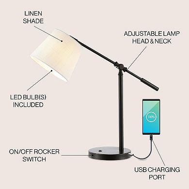 Troy Classic Contemporary Iron Led Task Lamp With Usb Charging Port