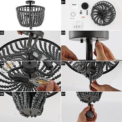 Drift Wood Bead Bohemian Farmhouse Iron Led Semi Flush Mount