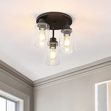 Jonah Bohemian Farmhouse Iron/seeded Glass Led Semi Flush Mount