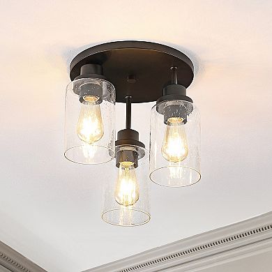 Jonah Bohemian Farmhouse Iron/seeded Glass Led Semi Flush Mount