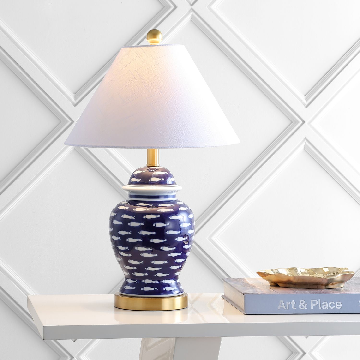 School Of Fish Ginger Jar Ceramicmetal Led Table Lamp