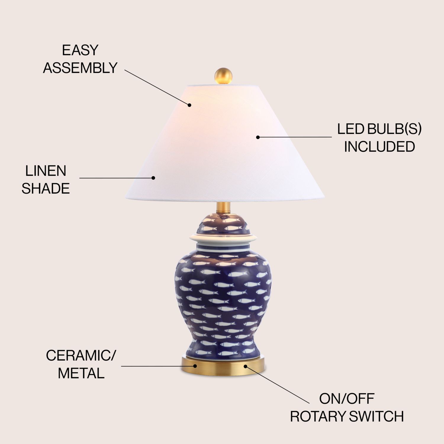 School Of Fish Ginger Jar Ceramicmetal Led Table Lamp