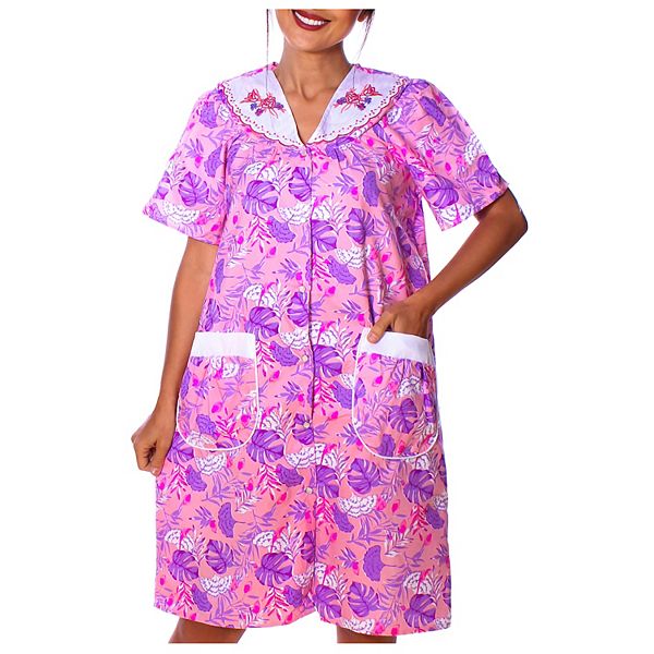 Women's Floral Short Sleeve Woven Snapfront Closure Housecoat Lounger