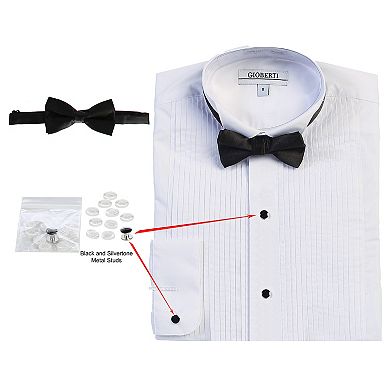 Gioberti Kids Wing Tip Collar White Tuxedo Dress Shirt With Bow Tie And Metal Studs