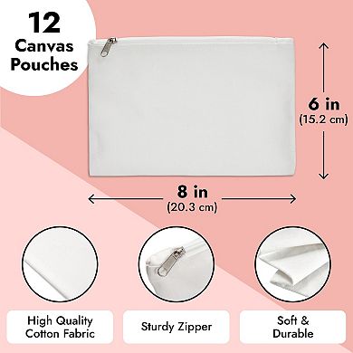 12-pack Bulk Blank Canvas Zipper Pouch Set, Canvas Pencil Pouch, 8x6 In