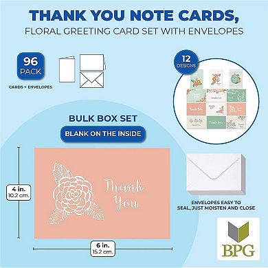 96-pack Floral Design Thank You Note Cards Bulk Box Set With Envelope Included