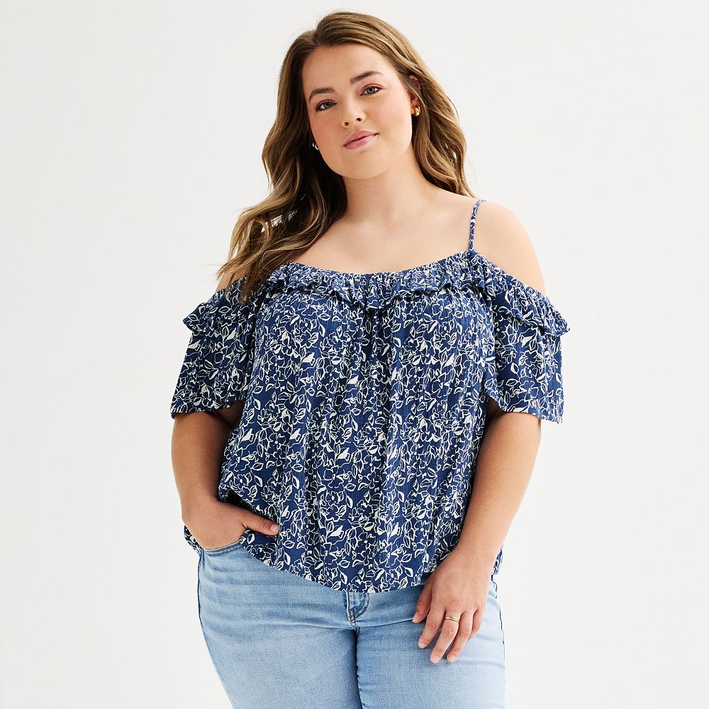 Juniors' Plus Size Rewind Ruffle Cold Shoulder Top