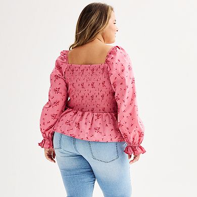 Juniors' Plus Size Dizzy Lizzy Long Balloon Sleeve Smocked Blouse