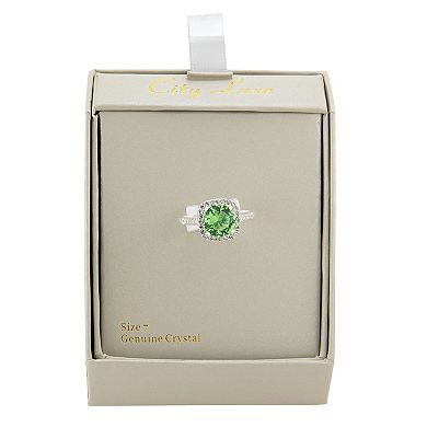 City Luxe Silver Tone Green Crystal & Pave Halo Ring