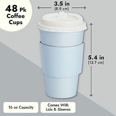 48x Disposable Coffee Cups With Lids And Sleeves Bulk For Hot To Go Drink, 16 Oz